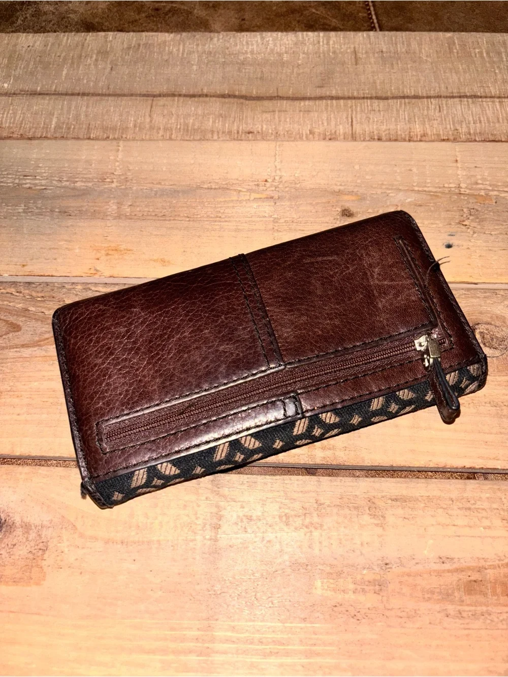Fossil Brown Leather and Patterned Fabric Key Wallet